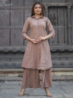 Earthy Mauve Khadi Cotton Grid Print Collar Kurta Palazzo Set – Medium to 3XL
