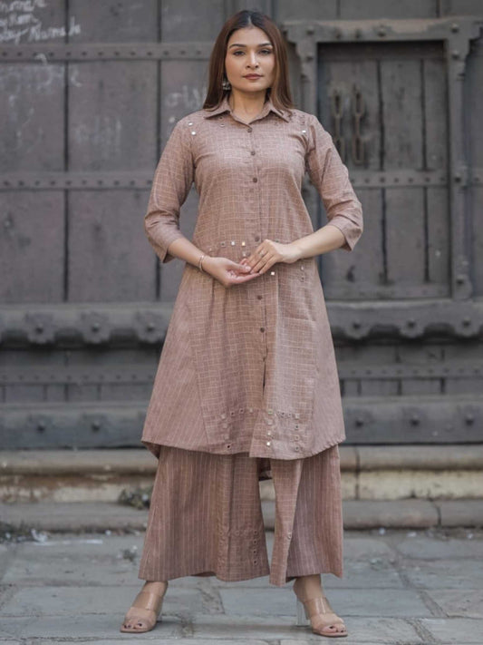Earthy Mauve Khadi Cotton Grid Print Collar Kurta Palazzo Set – Medium to 3XL