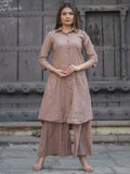 Earthy Mauve Khadi Cotton Grid Print Collar Kurta Palazzo Set – Medium to 3XL