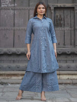 Slate Blue Khadi Cotton Grid Print Collar Kurta Palazzo Set – Medium to 3XL