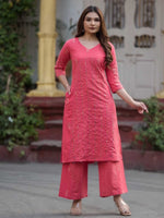Coral Pink Pure Cotton Zari Striped Kurta Palazzo Set – Medium to 3XL