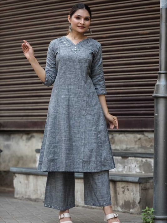 Charcoal Grey Khadi Cotton Slub Mirror Work Kurta Palazzo Set – Medium to 3XL