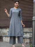 Charcoal Grey Khadi Cotton Slub Mirror Work Kurta Palazzo Set – Medium to 3XL