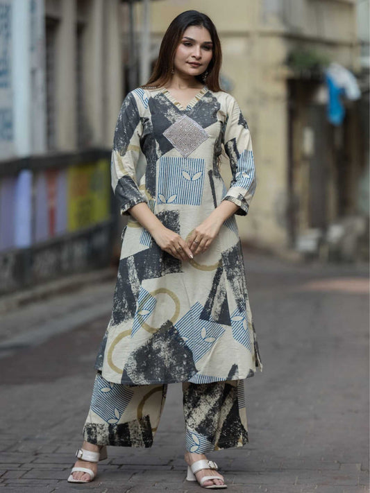 Ivory & Charcoal Grey Abstract Geometric Print Pure Cotton Kurta Set – Medium to 3XL