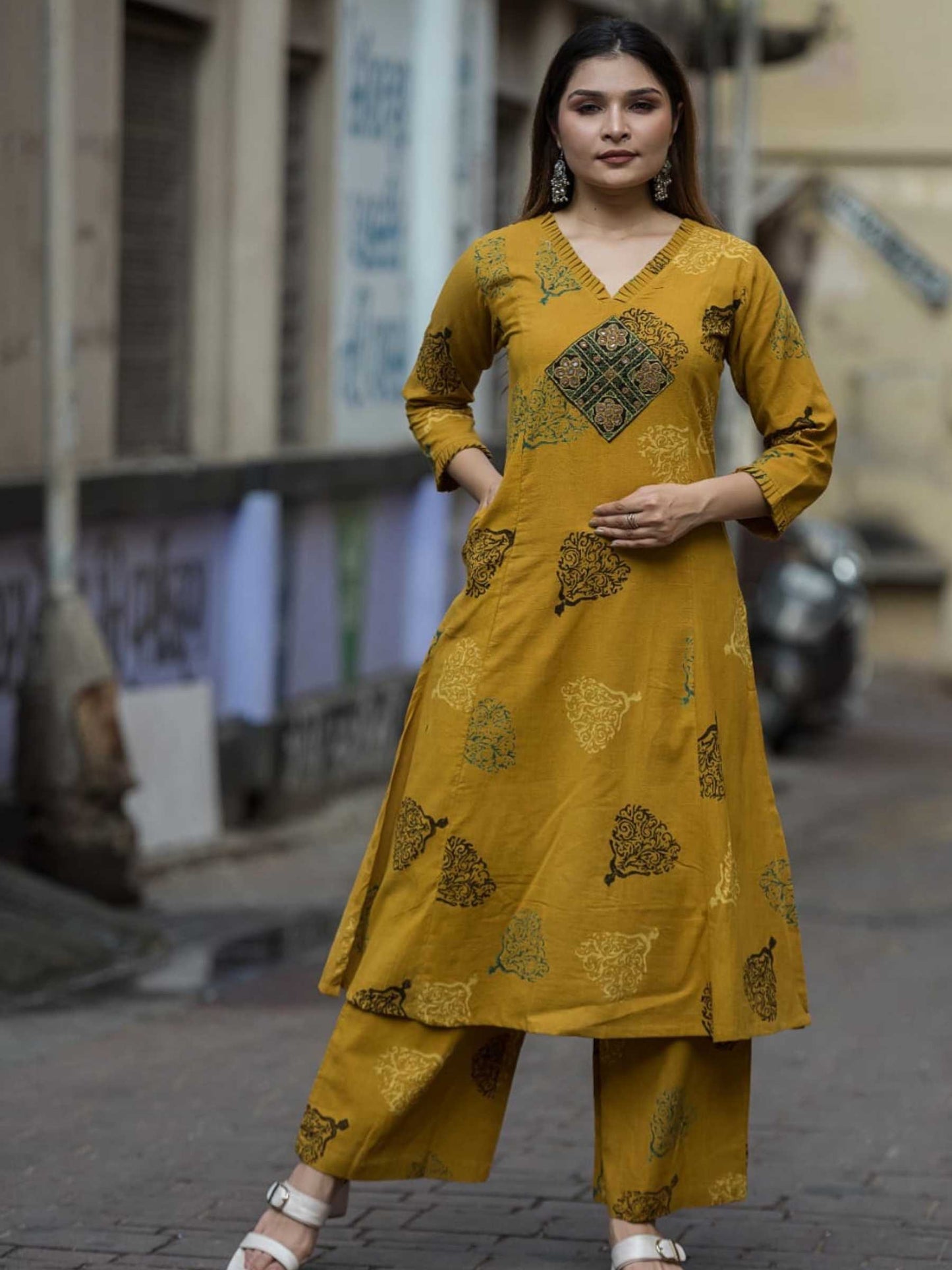 Mustard Yellow Cotton Mughal Tree Print Kurta Palazzo Set – Medium to 3XL