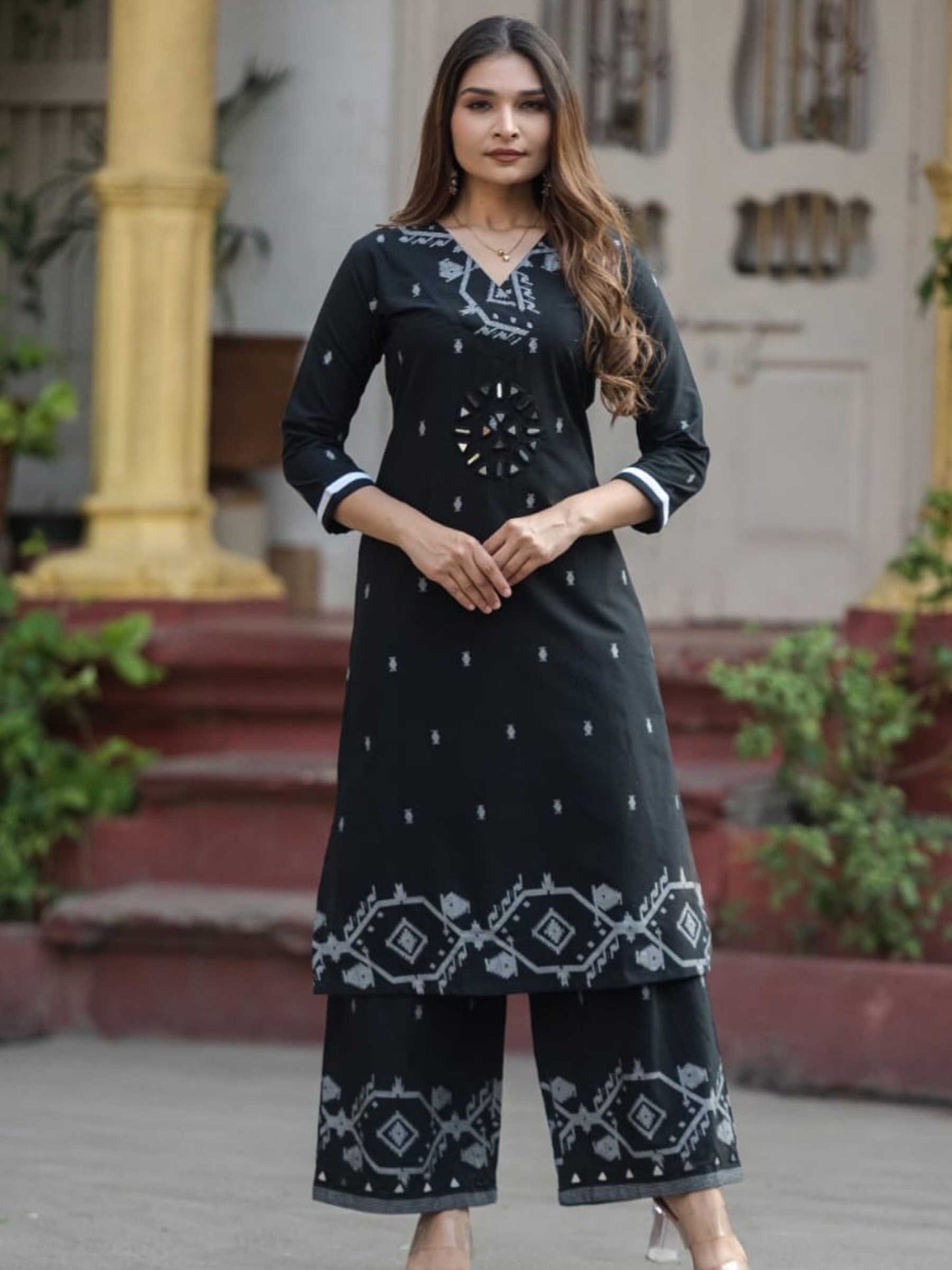 Classic Black Cotton Ikat Print Mirror Work Kurta Palazzo Set – Medium to 3XL
