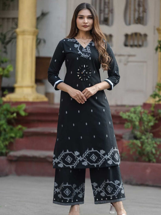 Classic Black Cotton Ikat Print Mirror Work Kurta Palazzo Set – Medium to 3XL
