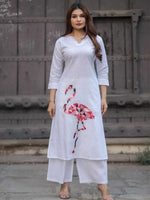 Pure White Cotton Flamingo Applique Kurta Palazzo Set – Medium to 3XL