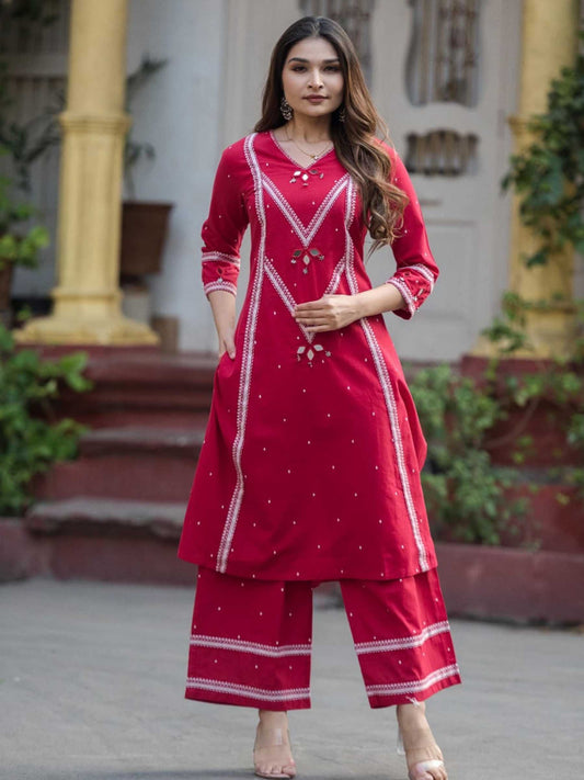 Crimson Red Pure Cotton Paneled Mirror Work Kurta Palazzo Set – Medium to 3XL