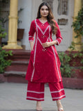 Crimson Red Pure Cotton Paneled Mirror Work Kurta Palazzo Set – Medium to 3XL