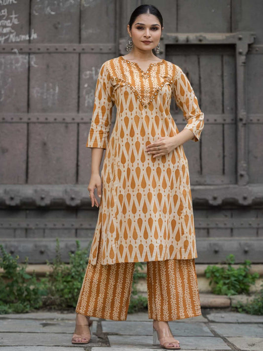 Ochre Yellow & Ivory Pure Cotton Ikat Print Kurta Palazzo Set – Medium to 3XL