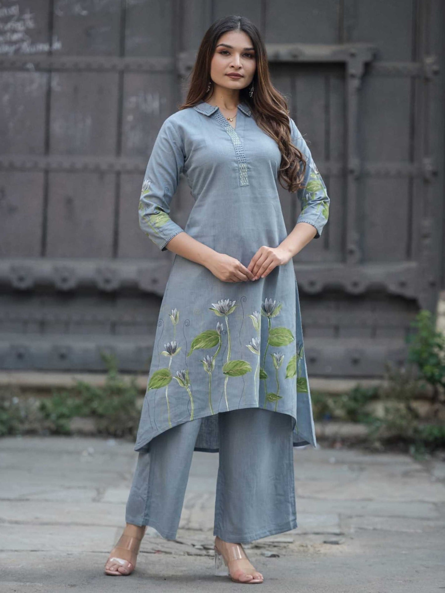 Powder Blue Cotton Lotus Print Asymmetric Collar Kurta Set – Medium to 3XL