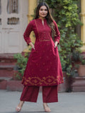 Maroon Red Pure Cotton Zari Striped Kurta Palazzo Set – Medium to 3XL