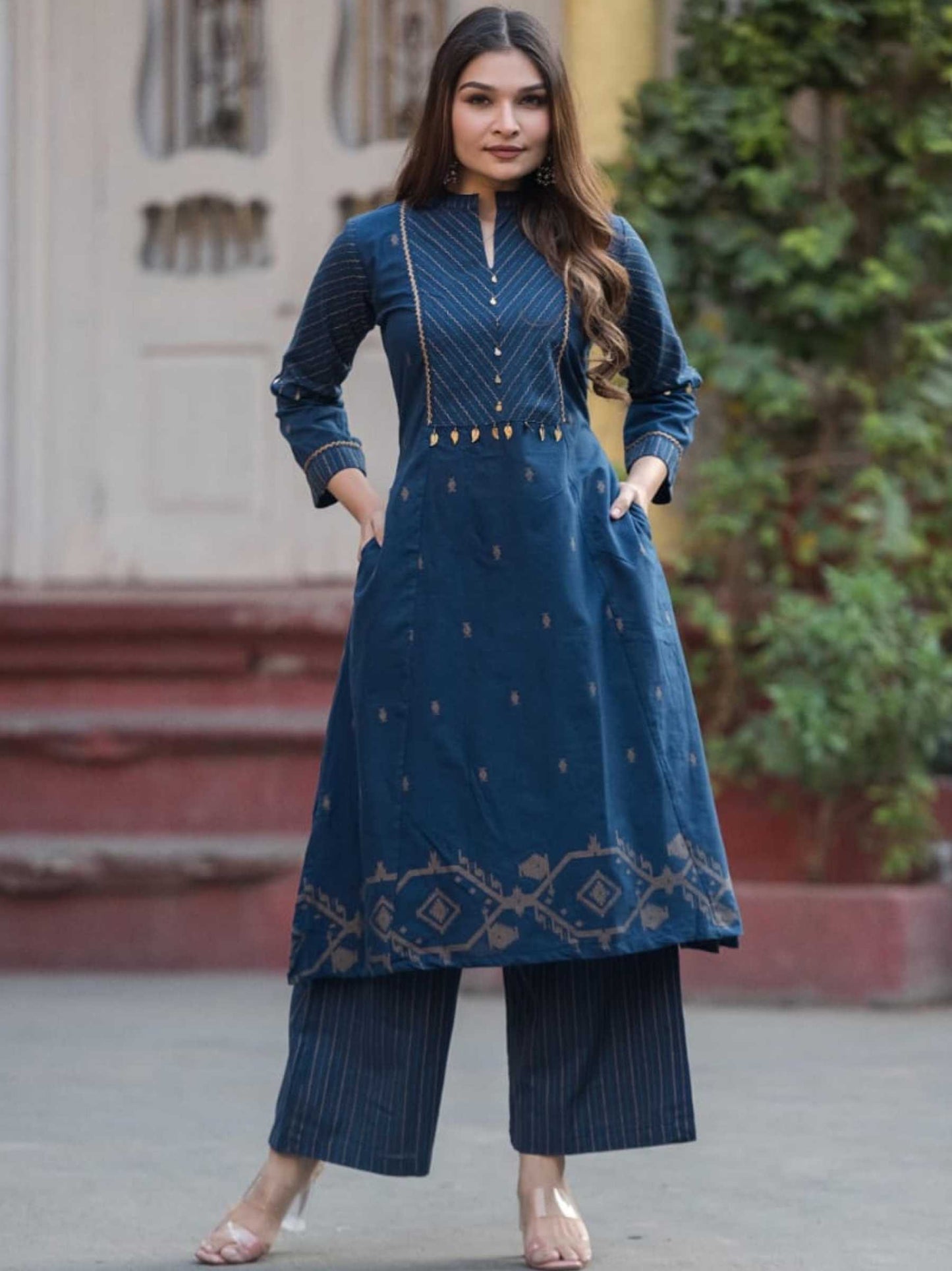 Teal Indigo Pure Cotton Zari Striped Kurta Palazzo Set – Medium to 3XL