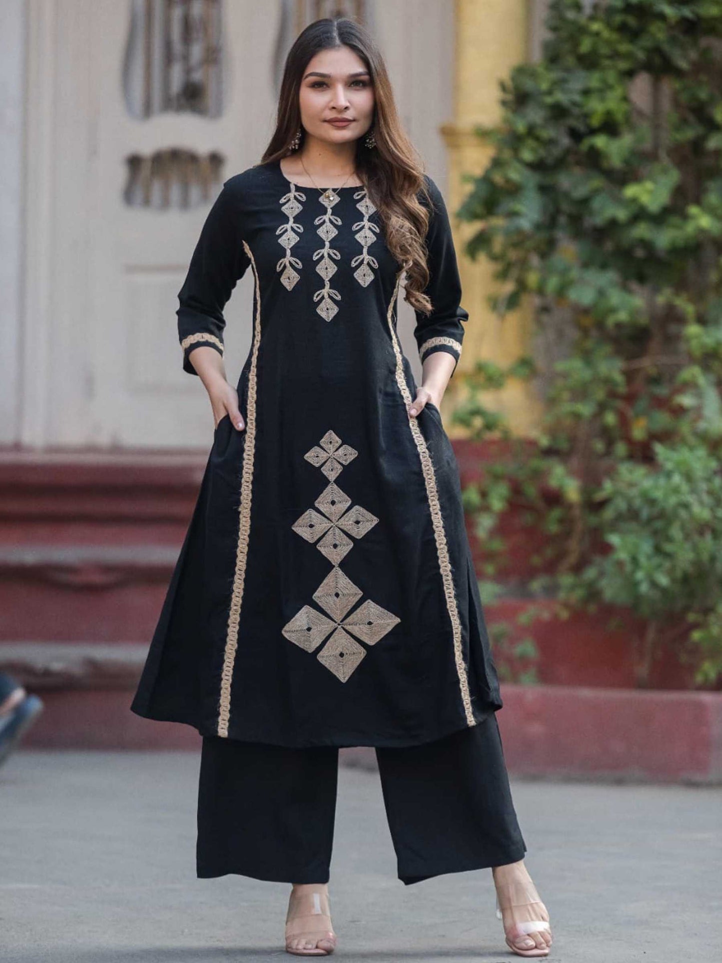 Classic Black Pure Cotton Geometric Applique Kurta Palazzo Set – Medium to 3XL