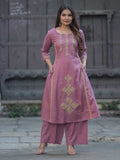 Muted Onion Pink Pure Cotton Geometric Applique Kurta Palazzo Set – Medium to 3XL