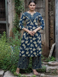 Indigo Blue & Ivory Pure Cotton Floral Print Kurta Palazzo Set – Medium to 3XL
