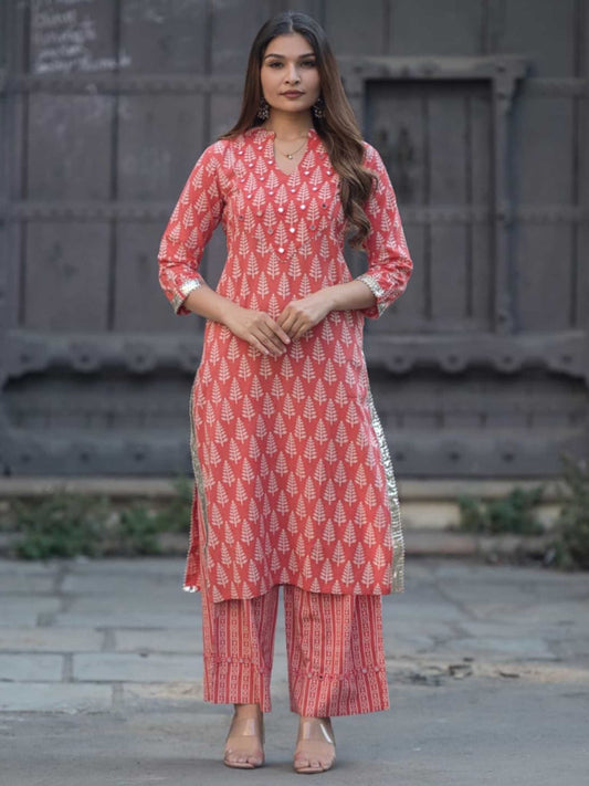 Coral Pink & Ivory Cotton Mughal Tree Print Kurta Palazzo Set – Medium to 3XL
