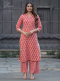 Coral Pink & Ivory Cotton Mughal Tree Print Kurta Palazzo Set – Medium to 3XL
