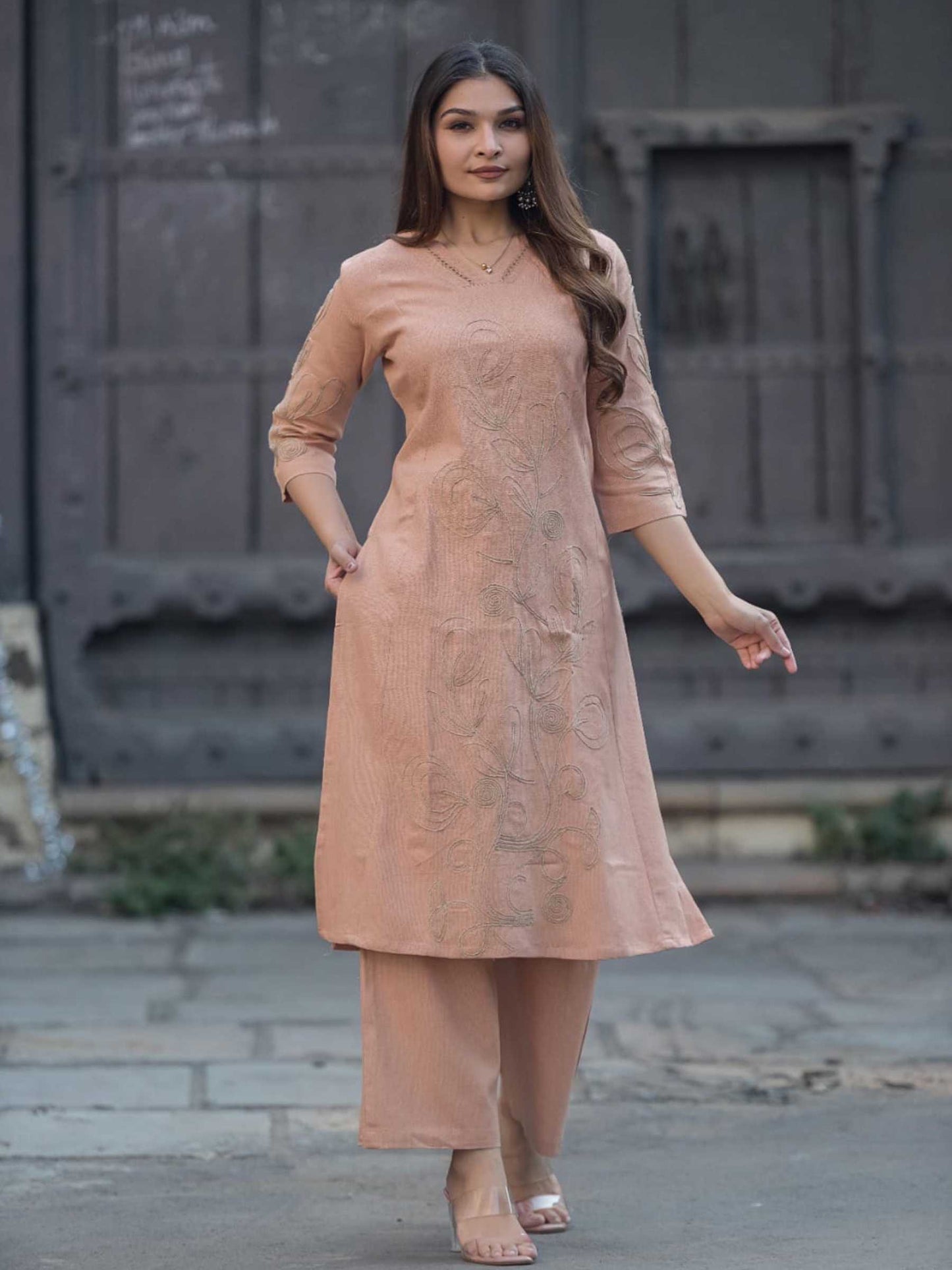Peach Beige Cotton Khadi Textured Floral Embroidery Kurta Set – Medium to 3XL
