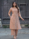 Peach Beige Cotton Khadi Textured Floral Embroidery Kurta Set – Medium to 3XL