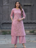 Pastel Pink Cotton Khadi Textured Floral Embroidery Kurta Set – Medium to 3XL