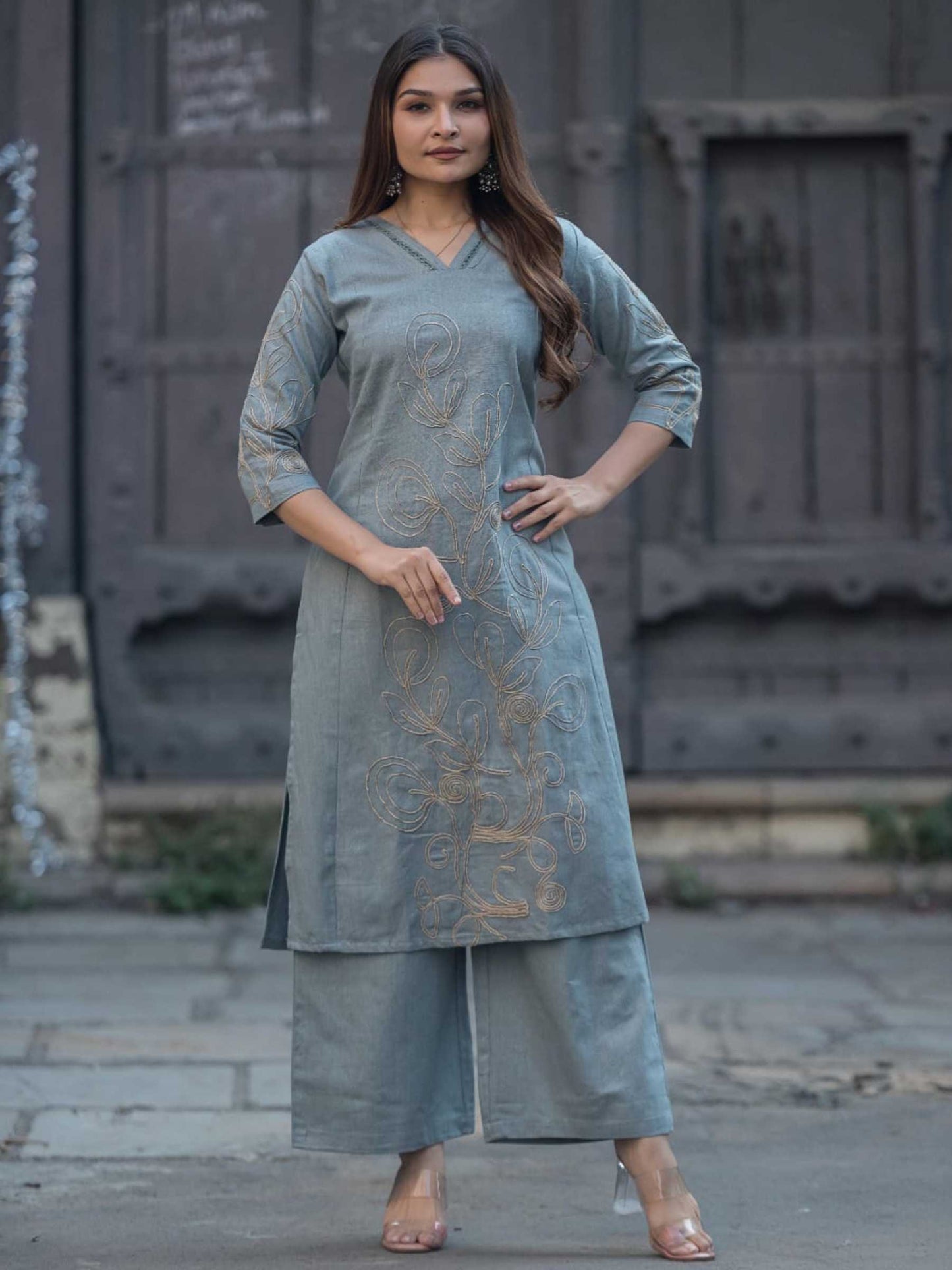 Slate Blue Cotton Khadi Textured Floral Embroidery Kurta Set – Medium to 3XL