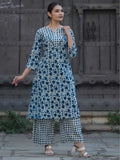Indigo Blue & Ivory Pure Cotton Floral Jaal Print Kurta Palazzo Set – Medium to 3XL