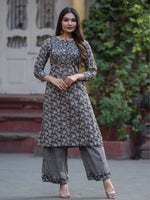 Charcoal Grey Pure Cotton Pintuck Mirror Work Kurta Palazzo Set – Medium to 3XL