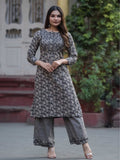 Charcoal Grey Pure Cotton Pintuck Mirror Work Kurta Palazzo Set – Medium to 3XL