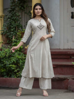Off-White Pure Cotton Pintuck Mirror Work Kurta Palazzo Se – Medium to 3XL