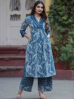 Indigo Blue Pure Cotton Paisley Print Kurta Palazzo Set – Medium to 3XL