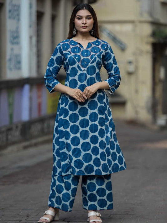 Indigo Blue & Ivory Pure Cotton Polka Dot Print Kurta Set – Medium to 3XL