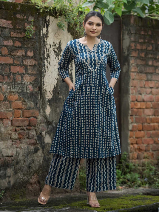 Indigo Blue & Ivory Pure Cotton Geometric Print Kurta Palazzo Set– Medium to 3XL