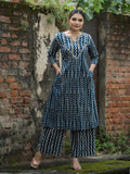 Indigo Blue & Ivory Pure Cotton Geometric Print Kurta Palazzo Set– Medium to 3XL