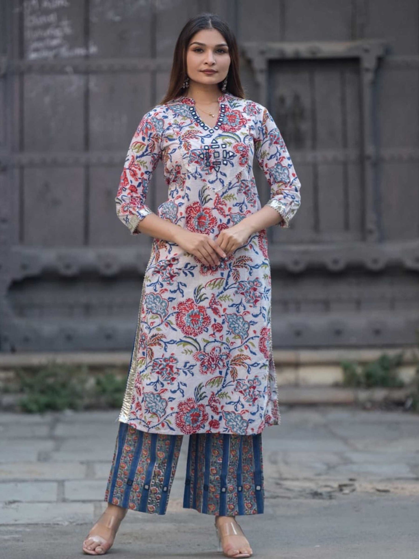 Off-White & Crimson Red Floral Print Pure Cotton Kurta Set – Medium to 3XL