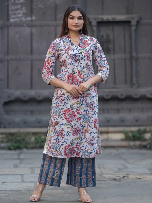 Off-White & Crimson Red Floral Print Pure Cotton Kurta Set – Medium to 3XL