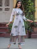 Ivory White & Olive Green Palm Tree Print Pure Cotton Kurta Set – Medium to 3XL
