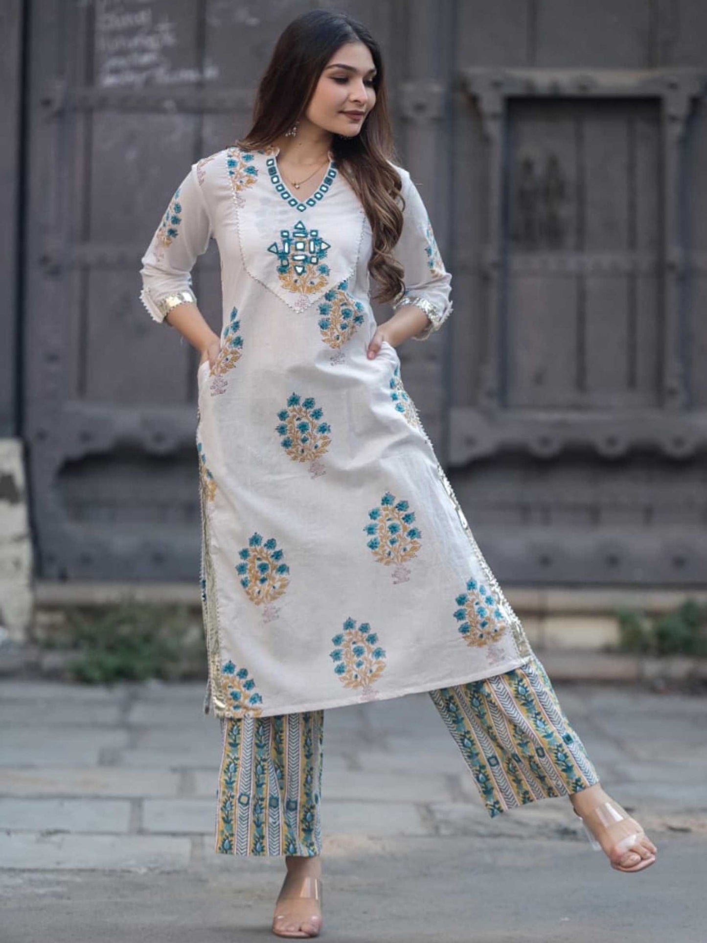 Off-White & Turquoise Blue Mughal Floral Print Pure Cotton Kurta Set – Medium to 3XL
