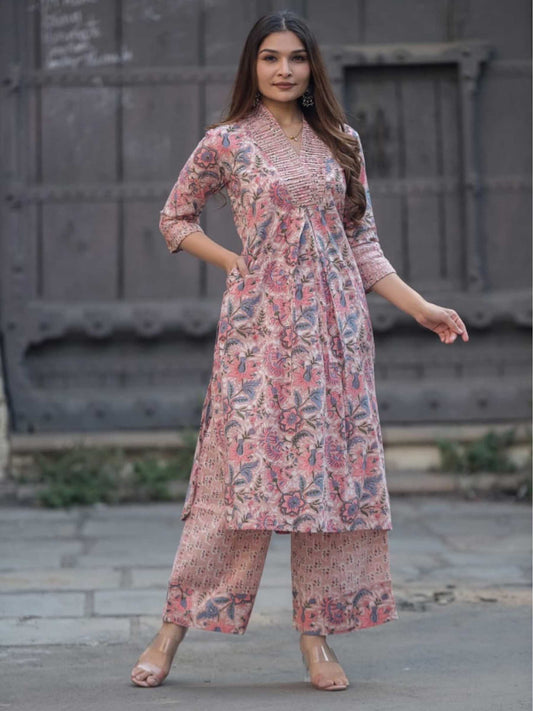 Pastel Pink & Slate Blue Floral Jaal Print Pure Cotton Kurta Set – Medium to 3XL