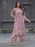 Pastel Pink & Slate Blue Floral Jaal Print Pure Cotton Kurta Set – Medium to 3XL