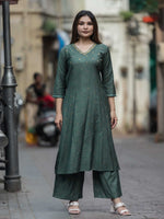 Bottle Green Chanderi Mukaish Work Kurta Palazzo Set – Medium to 3XL