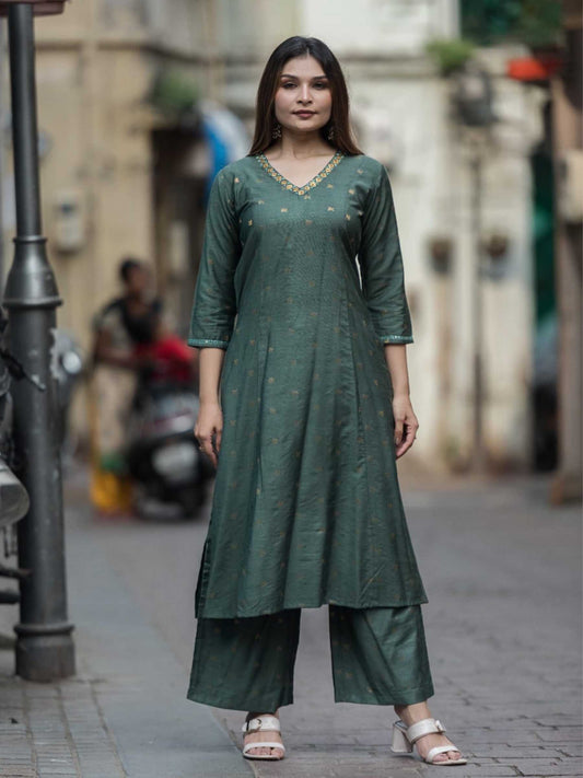 Bottle Green Chanderi Mukaish Work Kurta Palazzo Set – Medium to 3XL