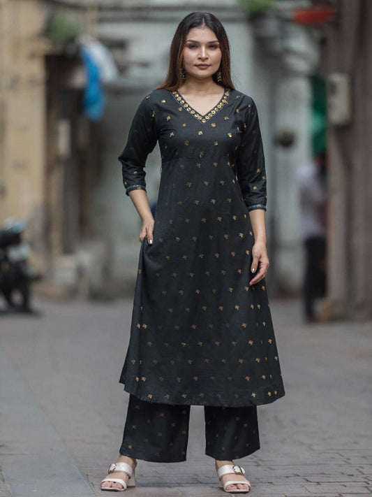 Classic Black Chanderi Mukaish Work Kurta Palazzo Set – Medium to 3XL