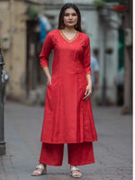 Crimson Red Chanderi Mukaish Work Kurta Palazzo Set – Medium to 3XL