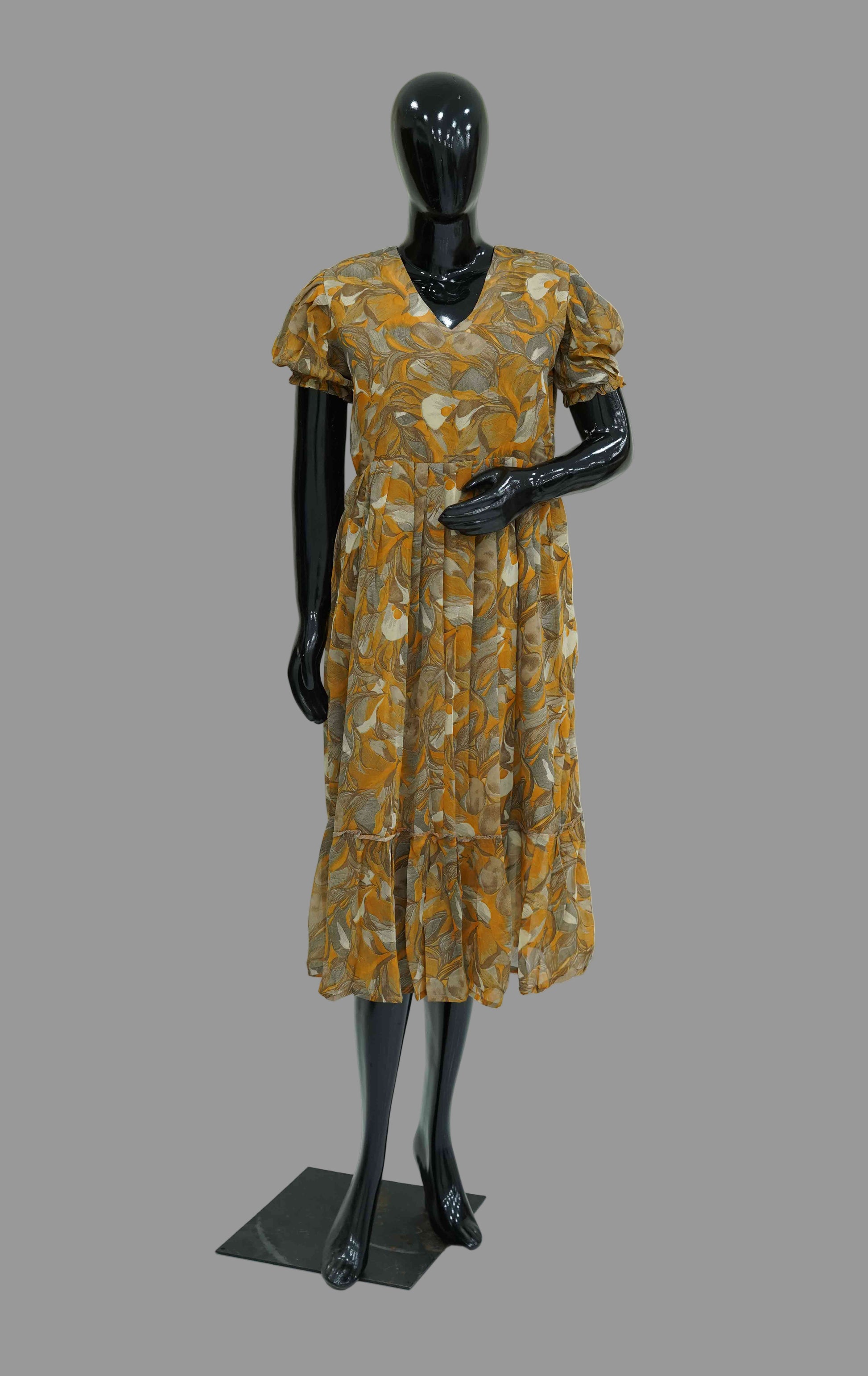 Sahitha Studio. Mustard Semi-Georgette Floral Frock – Sizes M to 2XL