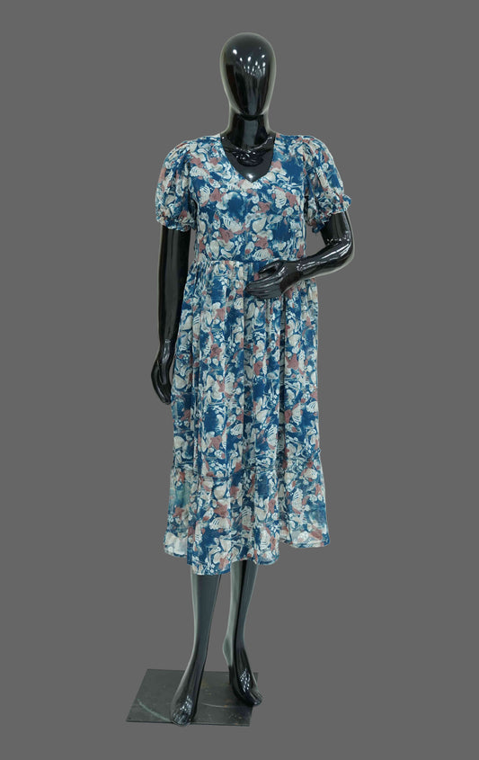 Blue Floral Semi-Georgette Frock | Elegant Ethnic Wear for Women – Medium to 2XL