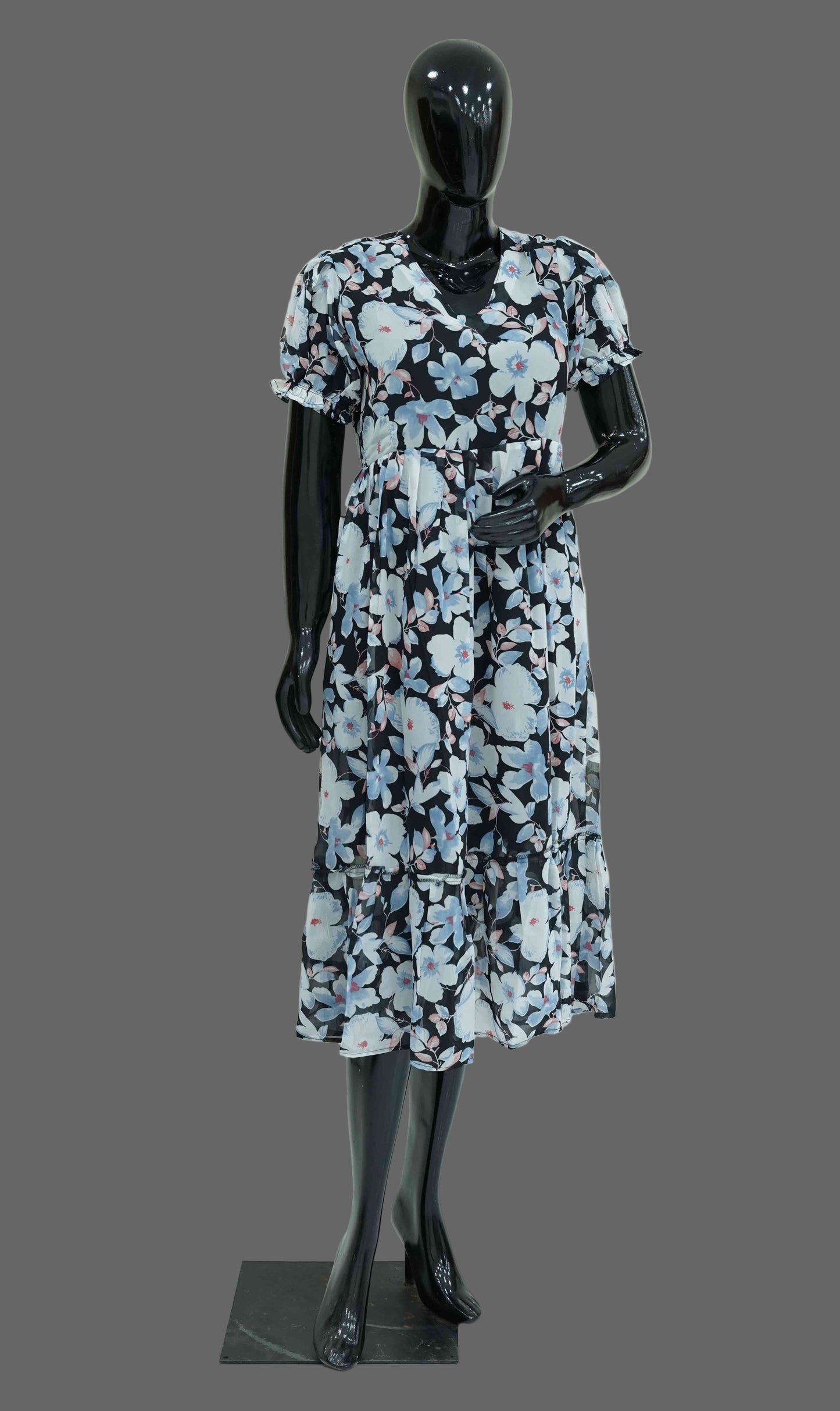 Black and White Semi-Georgette Floral Frock | Timeless Ethnic Elegance – Medium to 2XL | Sahitha Studio