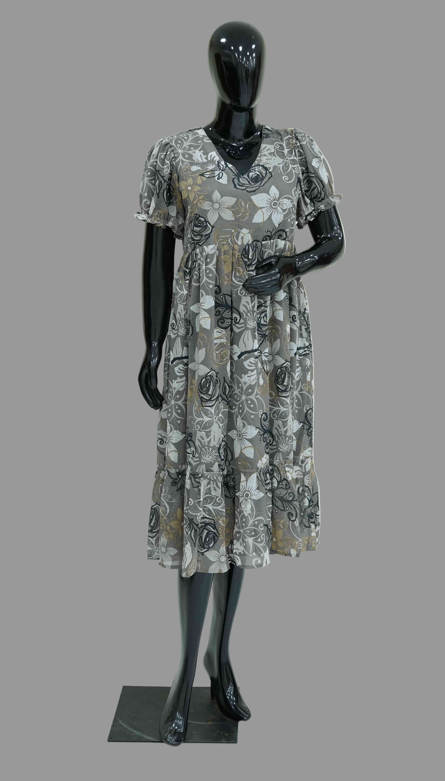 Gray Semi-Georgette Floral Frock for Women | Ethnic Elegance | Sizes M to 2XL – Sahitha Studio