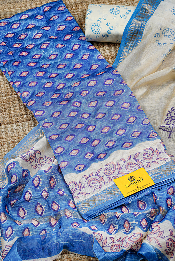 Sky Blue Maheshwari Hand Block Printed Dress Material with Floral Buttis and Gold Zari Border